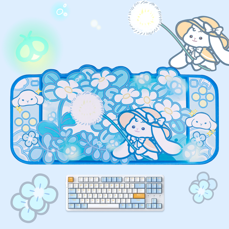 Kawaii Cartoon Rabbit Desk Mat, Tulip Desk Pad Anime Flowers